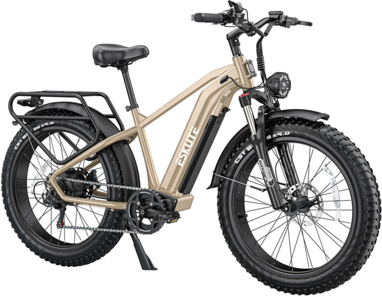 Elektrisches Fatbike mit breiten Reifen, robustem Rahmen und Gepäckträger, seitlich abgebildet. Elektrisches Fatbike mit breiten Reifen, robustem Rahmen und Gepäckträger, seitlich abgebildet.