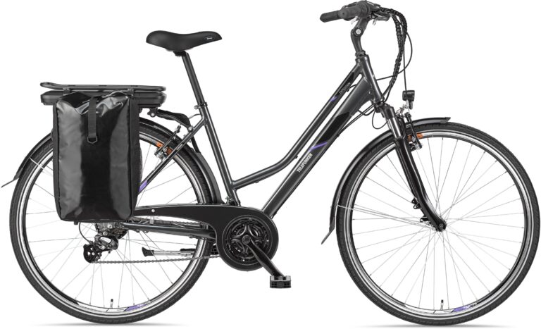 Schwarzes Citybike mit Gepäcktasche und tiefem Einstieg. Schwarzes Citybike mit Gepäcktasche und tiefem Einstieg.
