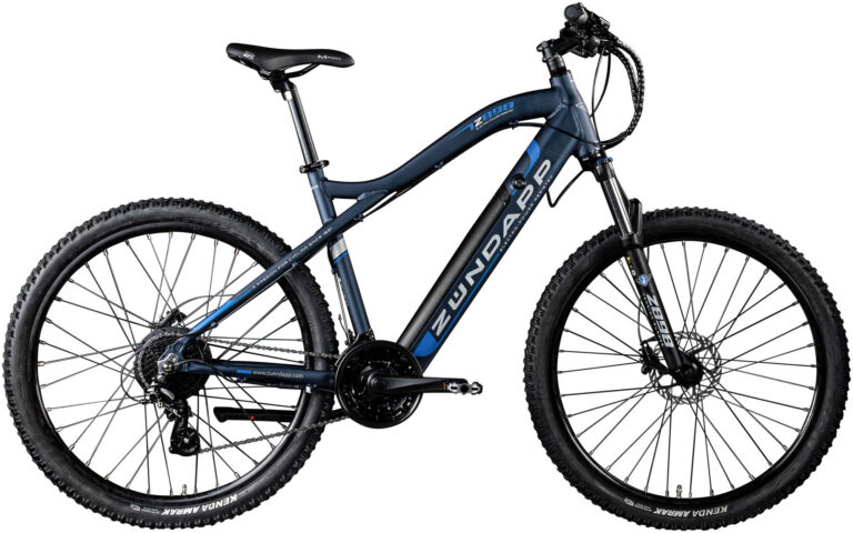 Blaues Mountainbike mit robusten Reifen und Scheibenbremsen, seitliche Ansicht. Blaues Mountainbike mit robusten Reifen und Scheibenbremsen, seitliche Ansicht.